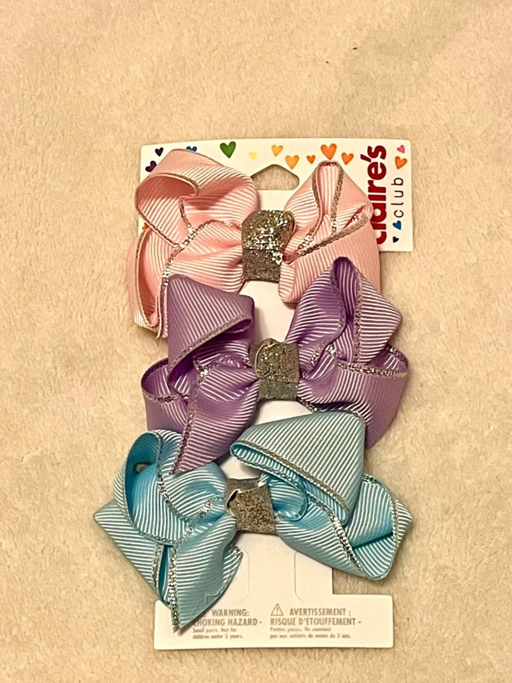 Claire’s Trio Glitter Center Pastel Bow Clips - Pink, Purple, Blue NWT